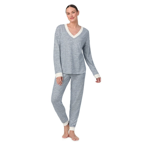 Aria Women’s Brushed Jersey V-Neck Long Sleeve and Jogger 2pc Sleepwear Set, Sizes XS-4X