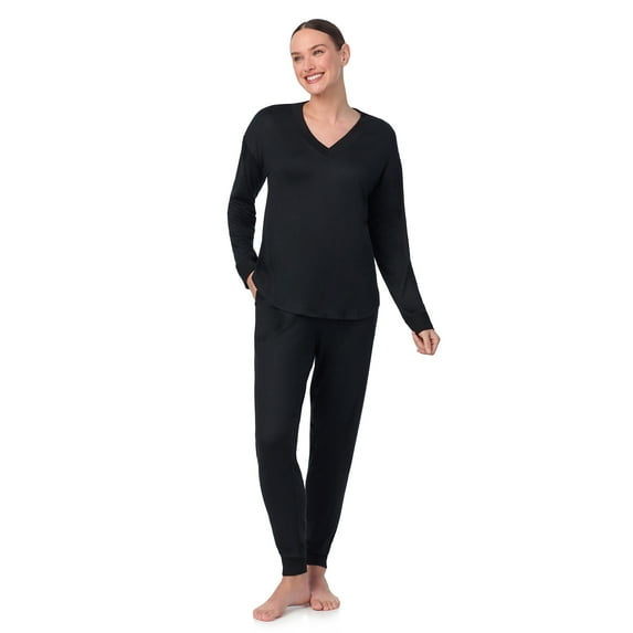 Aria Women’s Brushed Jersey V-Neck Long Sleeve and Jogger 2pc Sleepwear Set, Sizes XS-4X