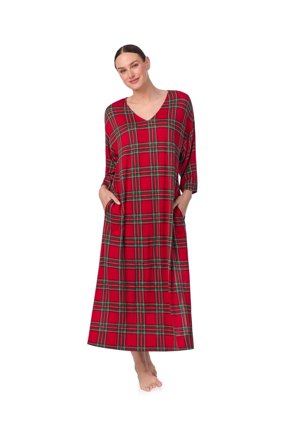 Women's Brushed Knit 3/4 Sleeve V-Neck Lounger Nightgown with Pockets, Sizes XS to 5X