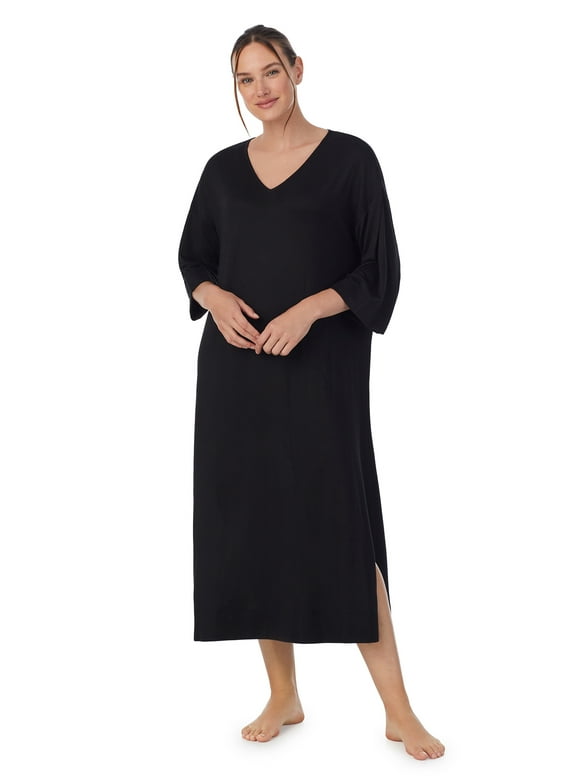 Aria Women's Brushed Knit 3/4 Sleeve V-Neck Lounger Nightgown with Pockets, Sizes XS to 5X