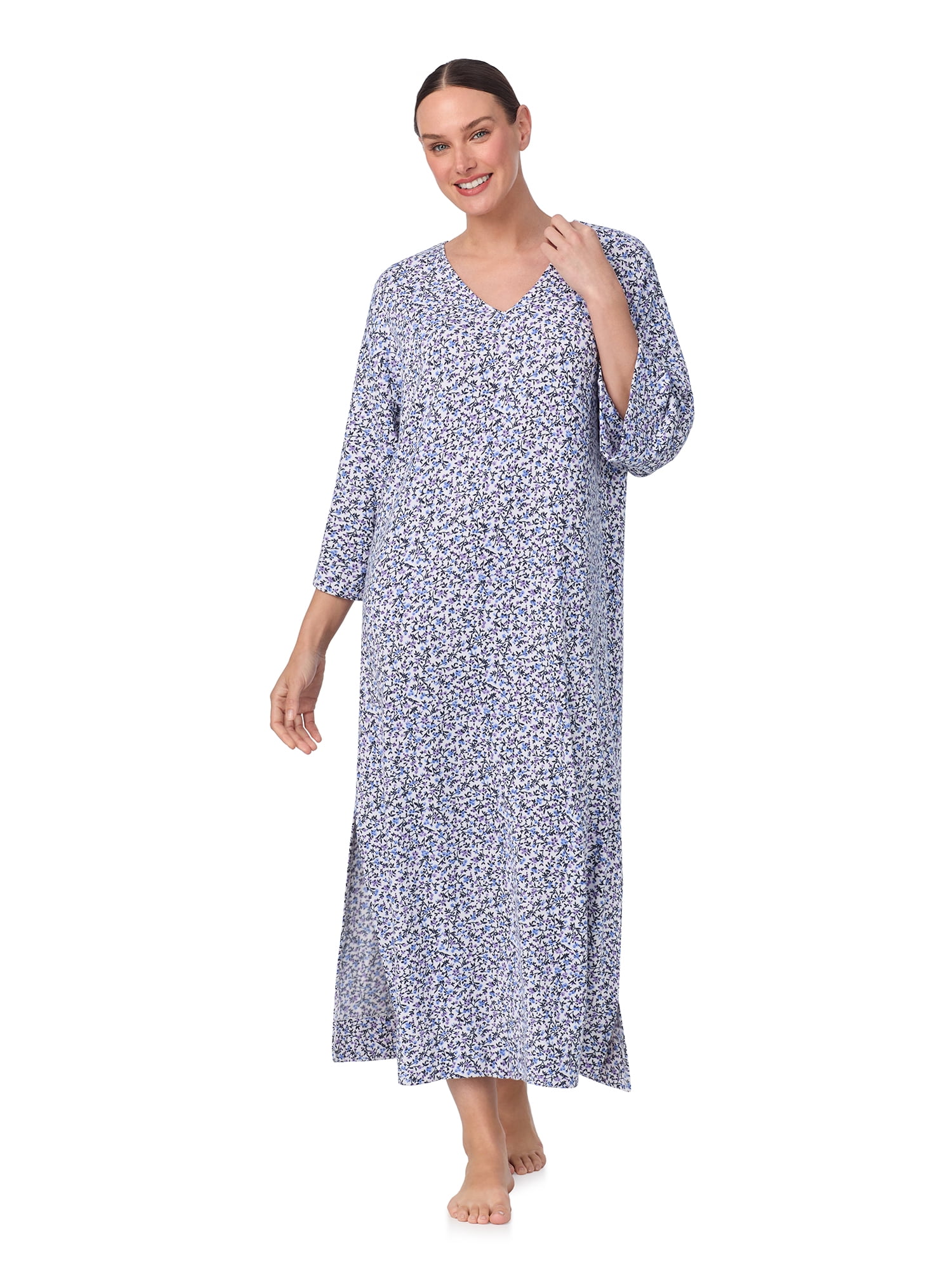Aria Women's Sweater Knit 3/4 Sleeve V-Neck Lounger Nightgown with Pockets, Sizes XS to 5X