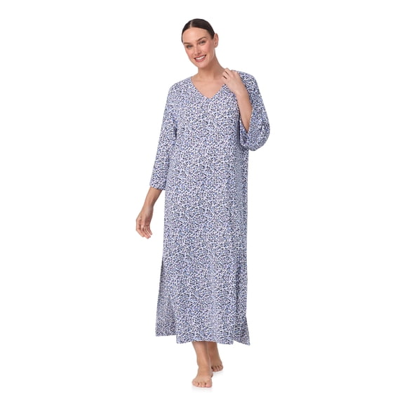 Aria Women's Sweater Knit 3/4 Sleeve V-Neck Lounger Nightgown with Pockets, Sizes XS to 5X