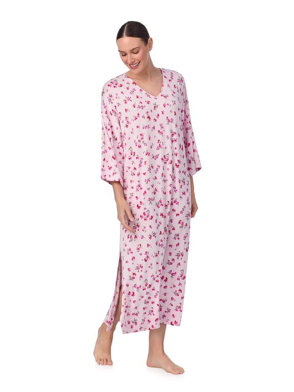 Women's Brushed Knit 3/4 Sleeve V-Neck Lounger Nightgown with Pockets, Sizes XS to 5X
