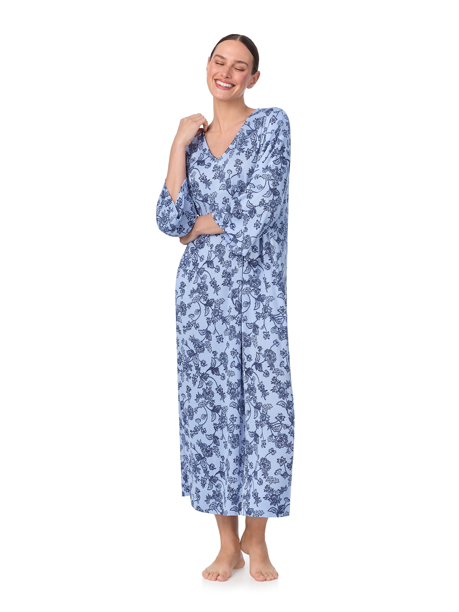 Aria Women's Sweater Knit 3/4 Sleeve V-Neck Lounger Nightgown with Pockets, Sizes XS to 5X