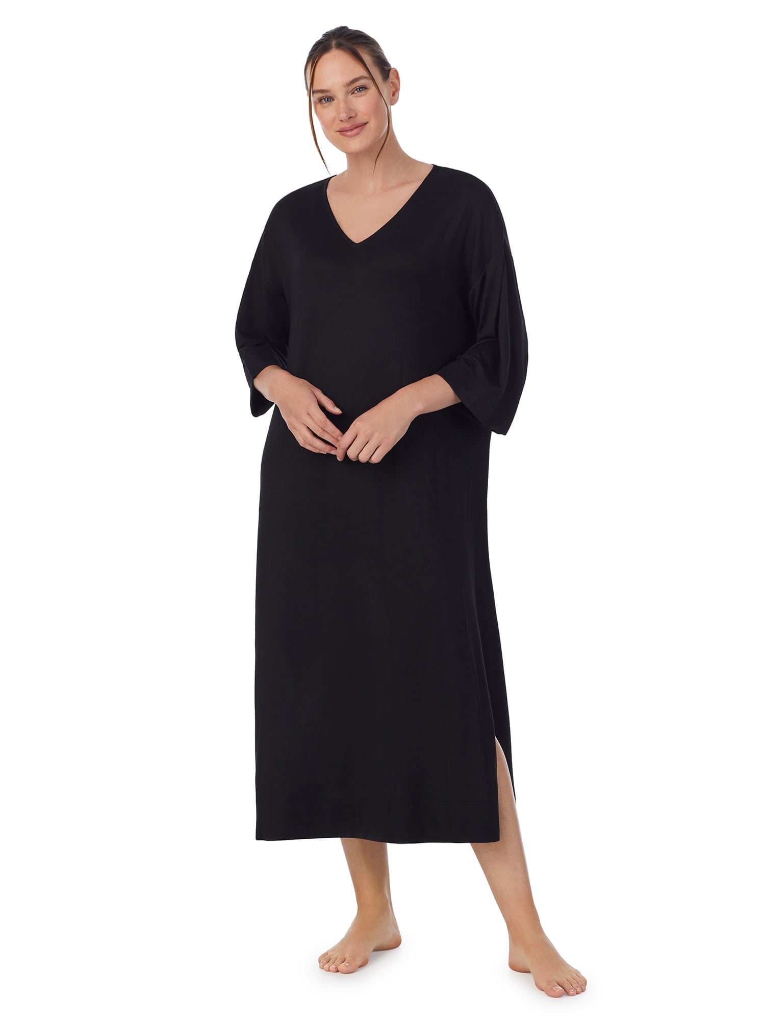 Aria Women's Sweater Knit 3/4 Sleeve V-Neck Lounger Nightgown with Pockets, Sizes XS to 5X