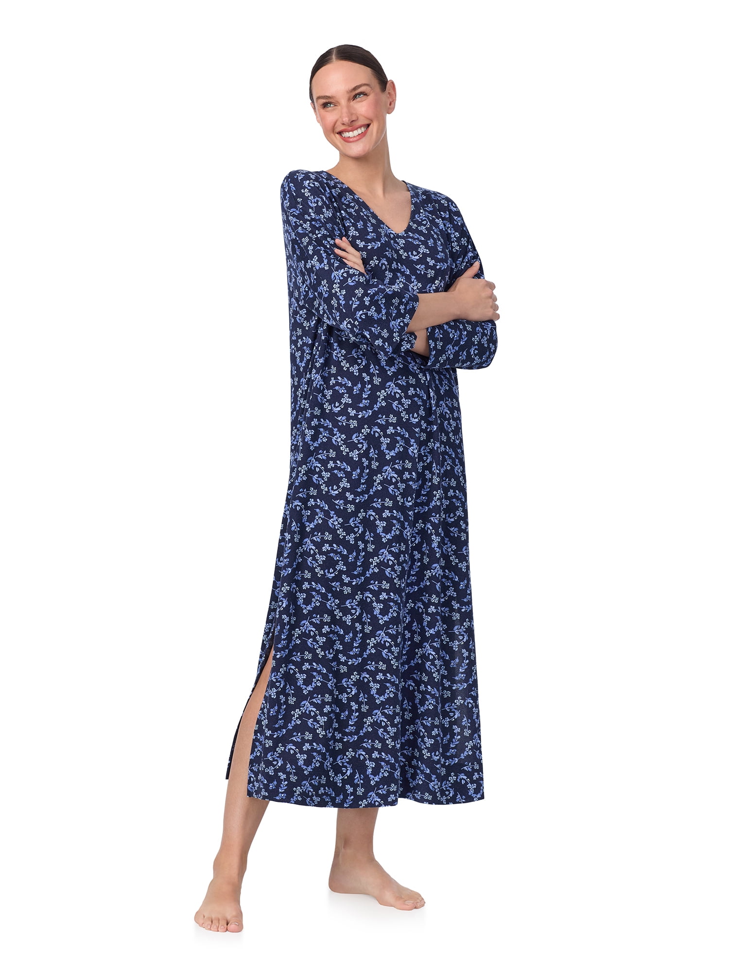 Aria Women's Sweater Knit 3/4 Sleeve V-Neck Lounger Nightgown with Pockets, Sizes XS to 5X