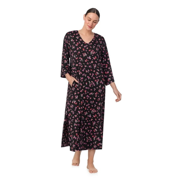 Aria Women's Brushed Knit 3/4 Sleeve V-Neck Lounger Nightgown with Pockets, Sizes XS to 5X