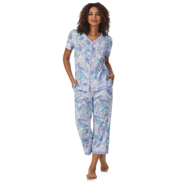 Aria Women's Cotton Button Down Top and Cropped Pants Pajama Set, 2 ...