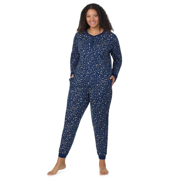 Aria Women’s Cozy Jersey Henley Pullover and Jogger 2pc Sleepwear Set, Sizes XS-4X