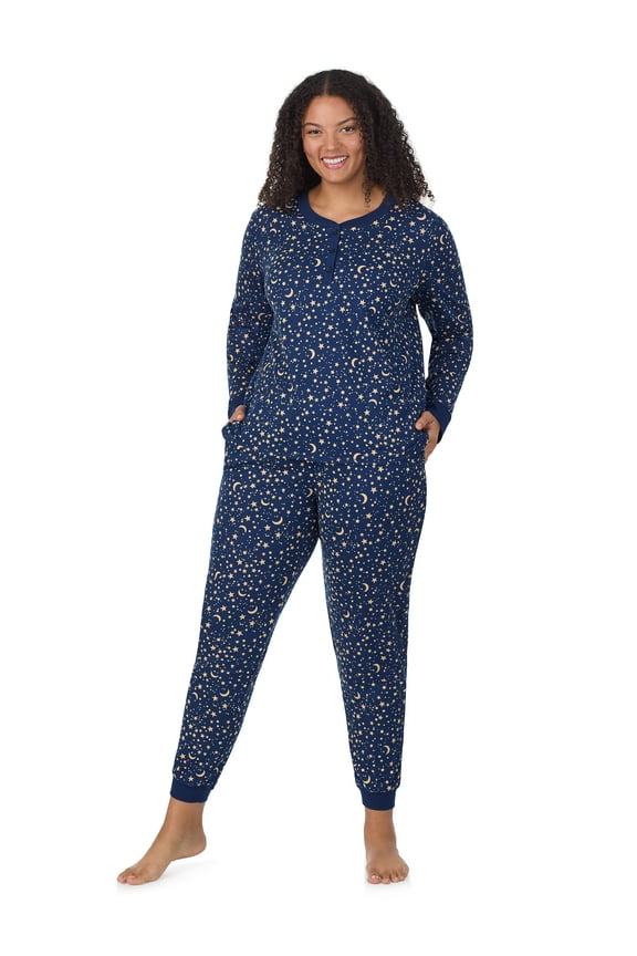 Women’s Cozy Jersey Henley Pullover and Jogger 2pc Sleepwear Set, Sizes XS-4X