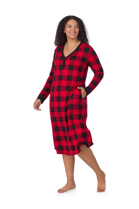 Women’s Cozy Jersey Long Sleeve Henley 46” Sleepwear Lounger, Sizes XS-4X