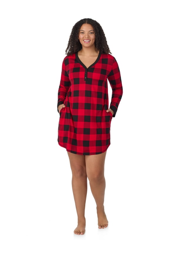 Women’s Even Cozier Jersey 34” Long Sleeve Henley Sleepshirt, Sizes XS-4X