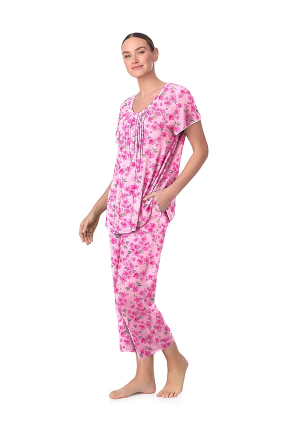 Women’s Knit Flutter Sleeve Scoop Neck Henley Top and Cropped Pant Sleepwear Pajama Set, Sizes up to 5X