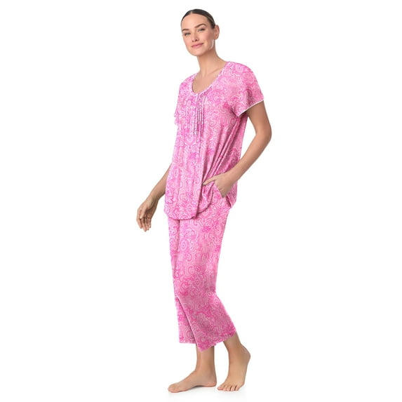 Aria Women’s Knit Flutter Sleeve Scoop Neck Henley Top and Cropped Pant Sleepwear Pajama Set, Sizes up to 5X