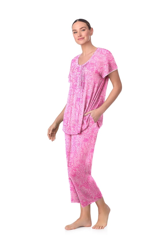 Women’s Knit Flutter Sleeve Scoop Neck Henley Top and Cropped Pant Sleepwear Pajama Set, Sizes up to 5X