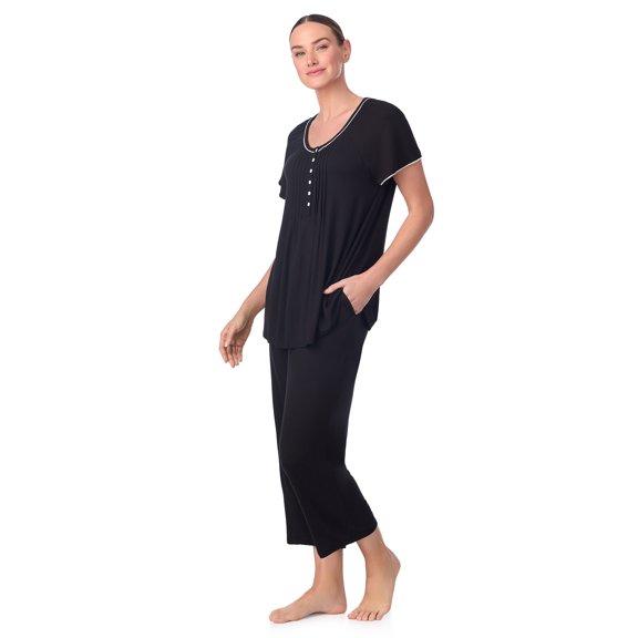 Aria Women’s Knit Flutter Sleeve Scoop Neck Henley Top and Cropped Pant Sleepwear Pajama Set, Sizes up to 5X