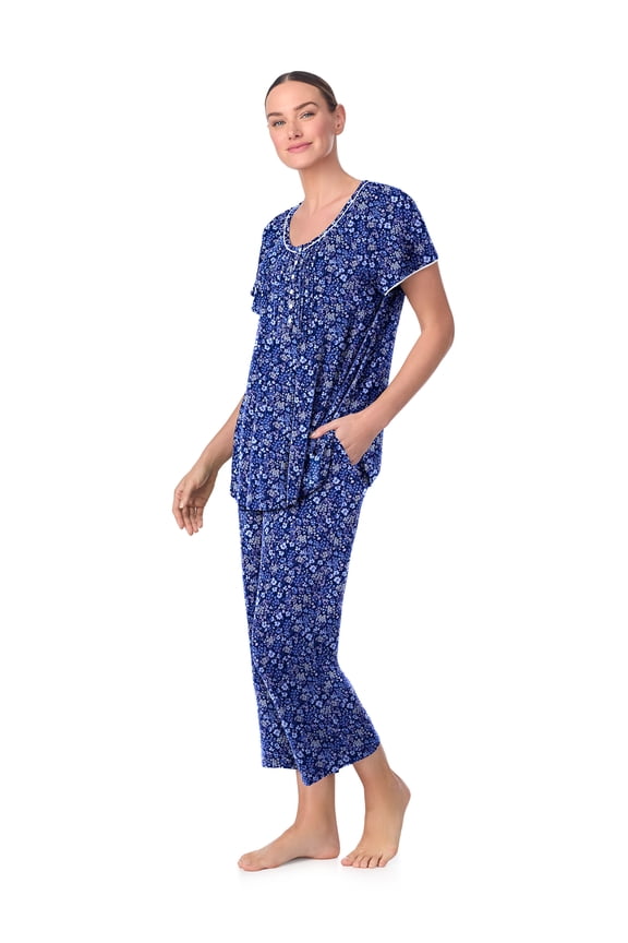 Women’s Knit Flutter Sleeve Scoop Neck Henley Top and Cropped Pant Sleepwear Pajama Set, Sizes up to 5X
