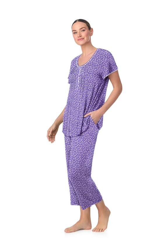 Women’s Knit Flutter Sleeve Scoop Neck Henley Top and Cropped Pant Sleepwear Pajama Set, Sizes up to 5X