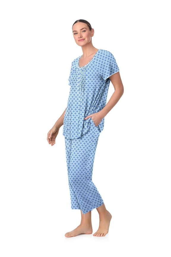 Women’s Knit Flutter Sleeve Scoop Neck Henley Top and Cropped Pant Sleepwear Pajama Set, Sizes up to 5X