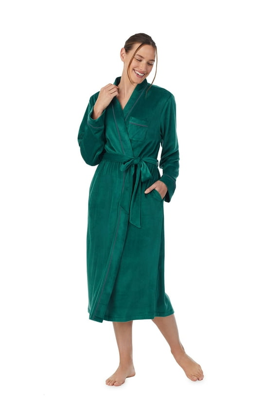 Women's Stretch Velour Long Sleeve Wrap Sleepwear Robe with Pockets, Sizes XS-5X