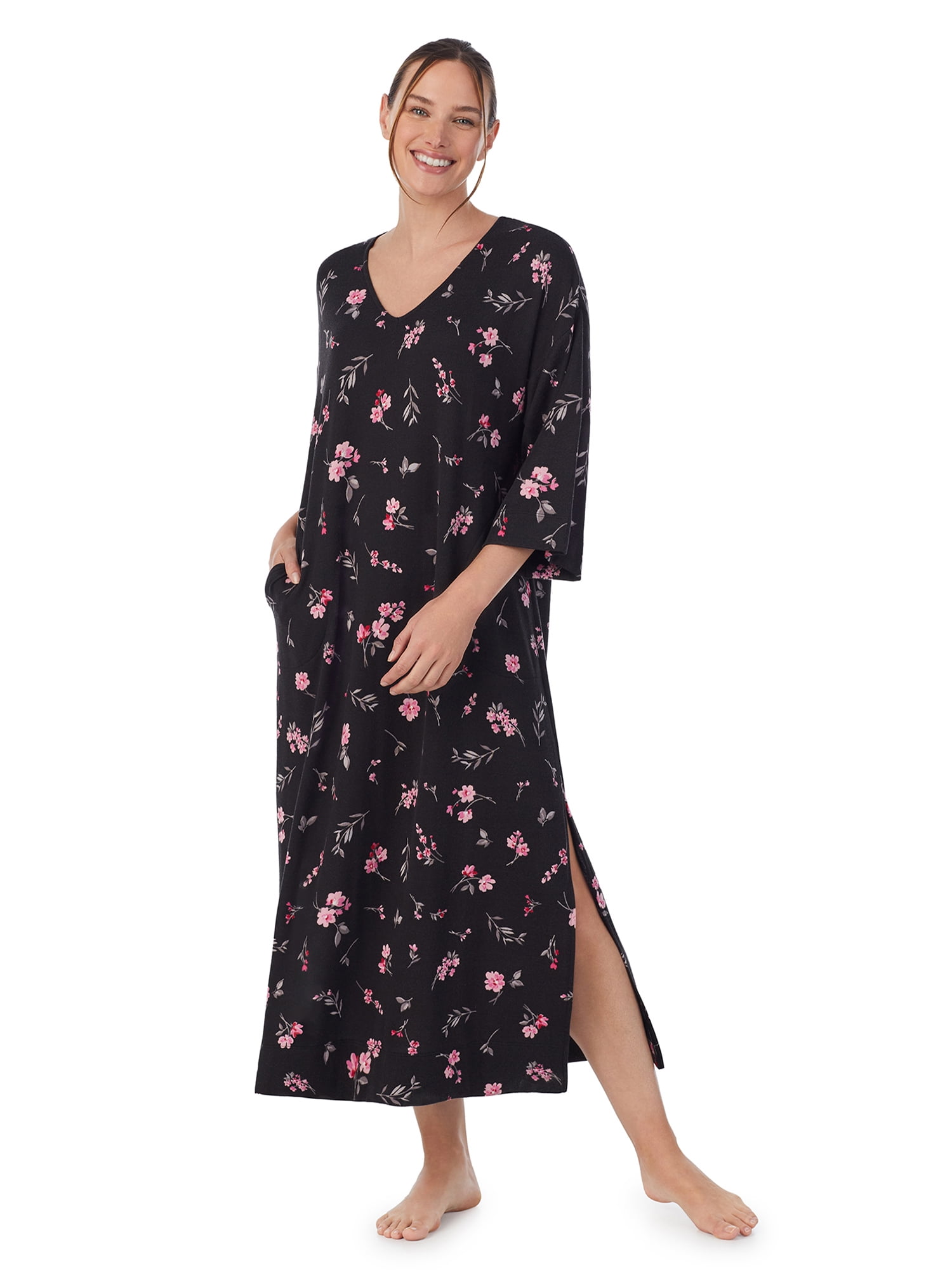 Aria Women's Knit Velour 3/4 Sleeve VNeck Lounger Nightgown with