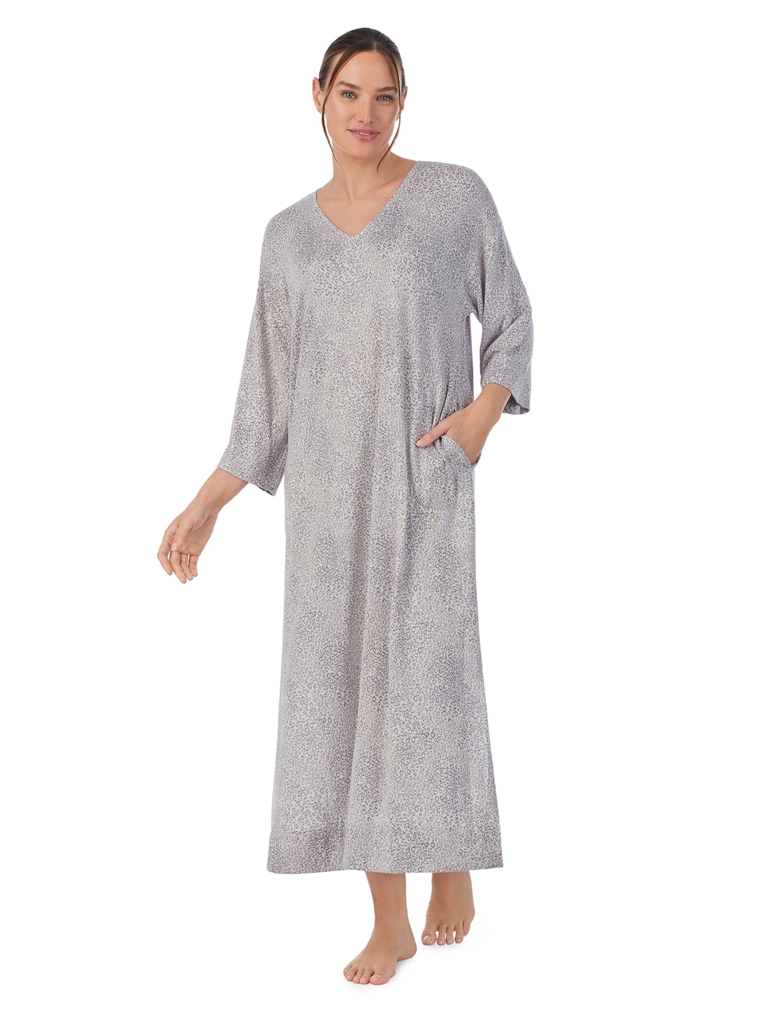 Aria Women's Knit Velour 3/4 Sleeve V-Neck Lounger Nightgown with ...