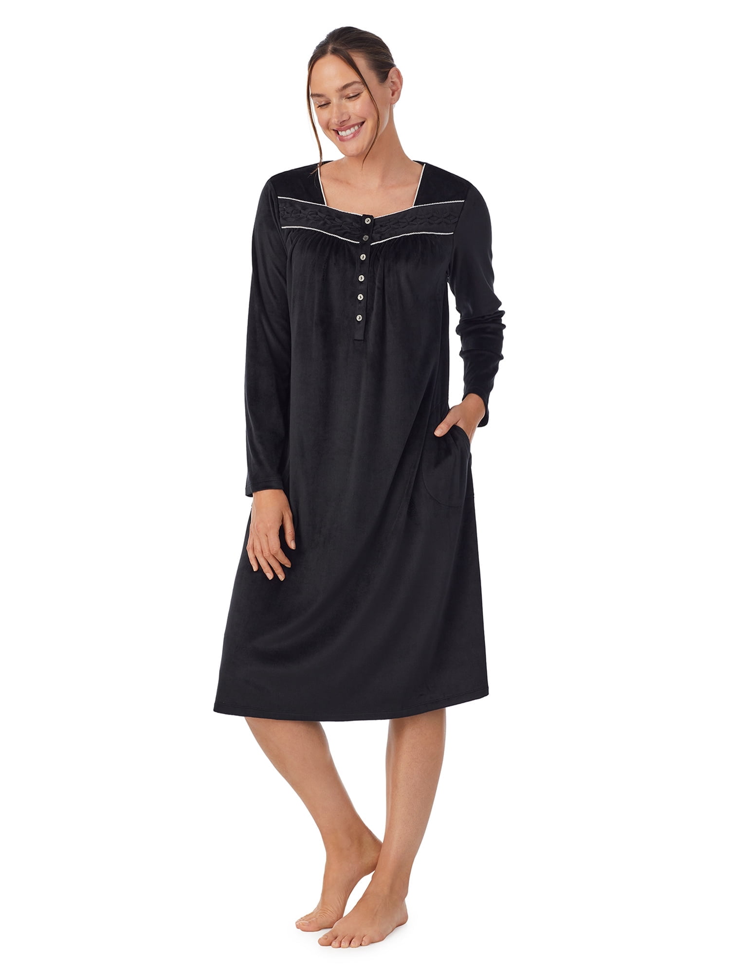 Aria Women's Knit Velour Long Sleeve Square Neck Nightgown with Pockets ...