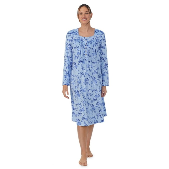 Aria Women's Knit Velour Long Sleeve Square Neck Nightgown with Pockets, Sizes S to 5X