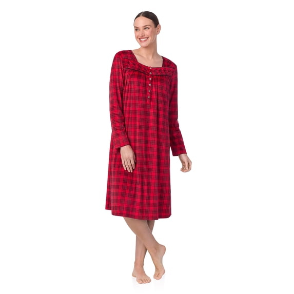 Aria Women’s Knit Velour Long Sleeve Square Neck Nightgown with Pockets, Sizes XS-5X