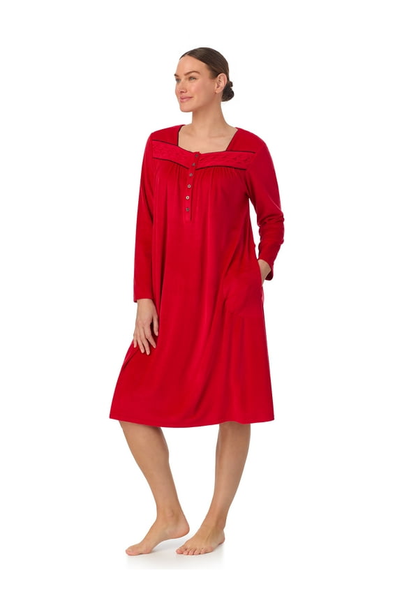 Women’s Knit Velour Long Sleeve Square Neck Nightgown with Pockets, Sizes XS-5X