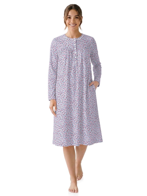 Women’s Long Sleeve Stretch Velour 44" Sleepwear Nightgown, Sizes XS-5X