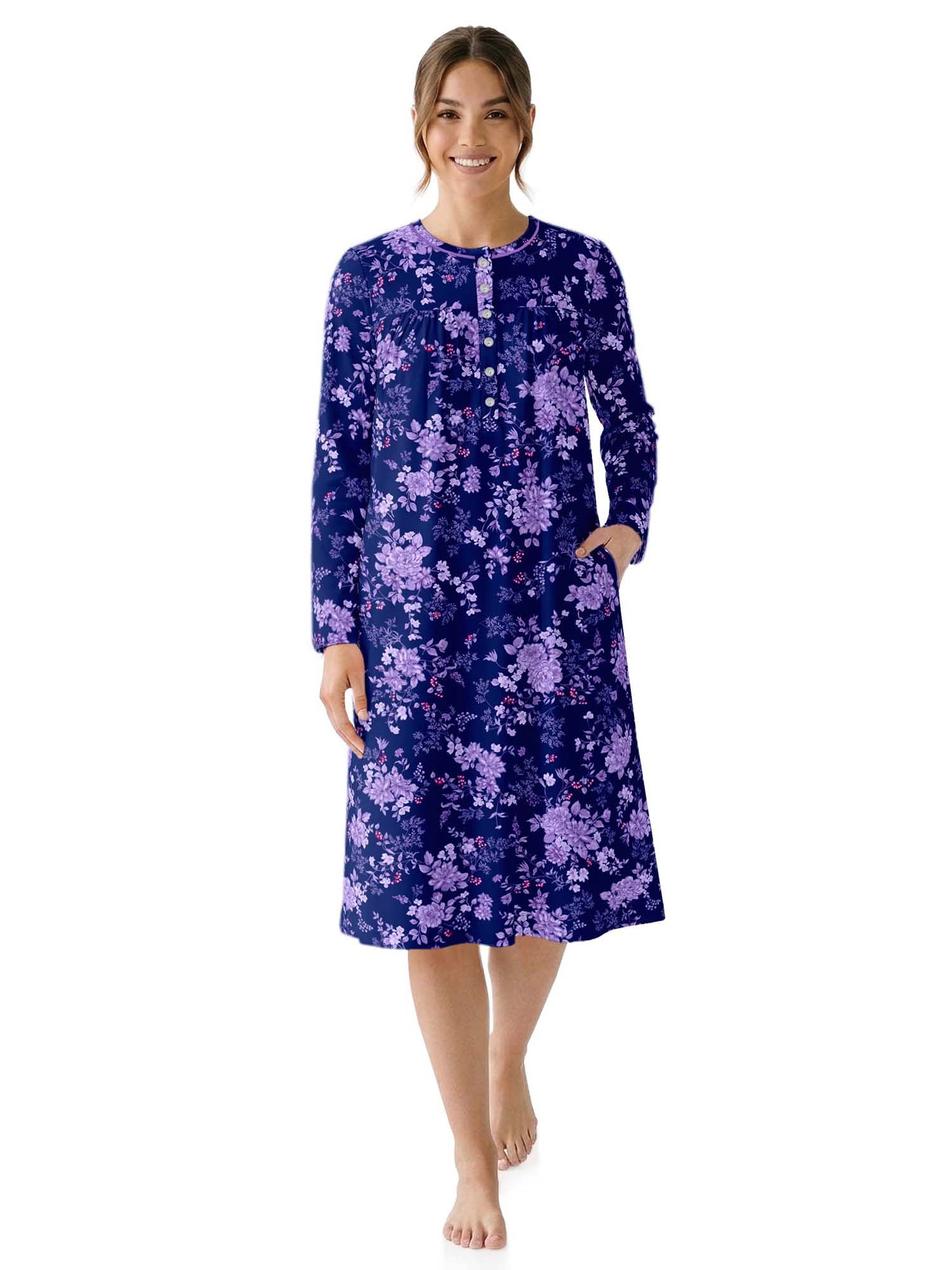 Aria Women’s Long Sleeve Stretch Velour 44" Sleepwear Nightgown, Sizes XS-5X