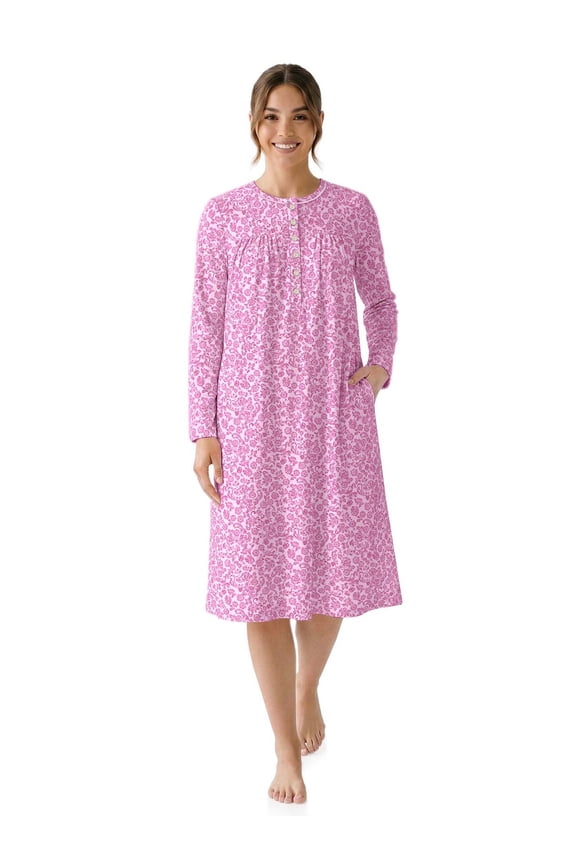 Women’s Long Sleeve Stretch Velour 44" Sleepwear Nightgown, Sizes XS-5X