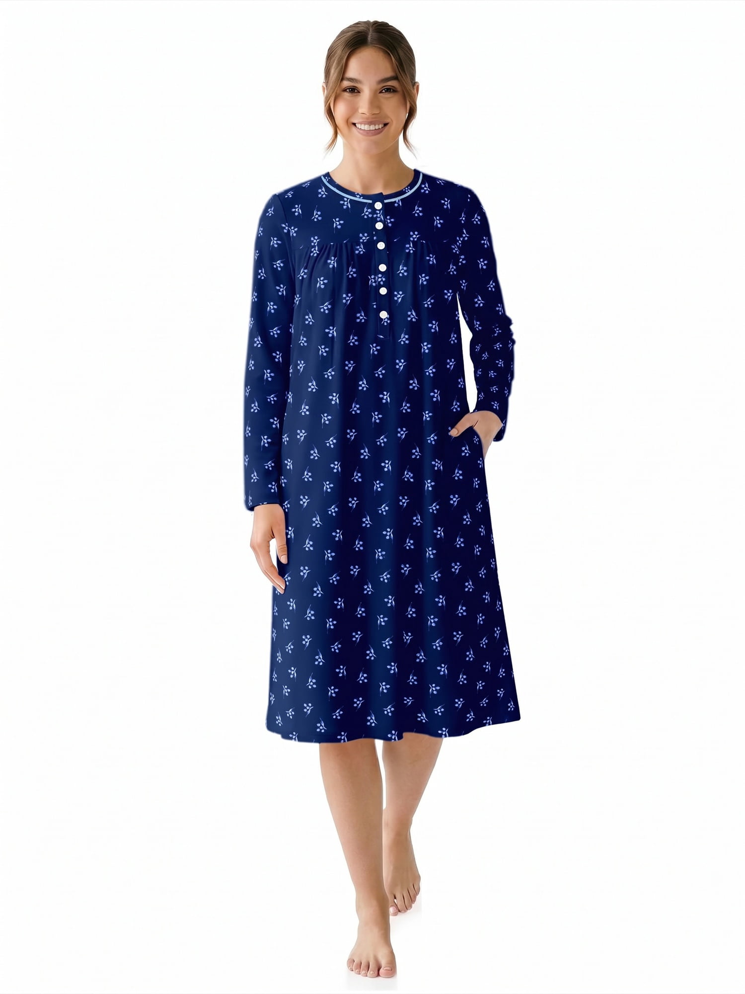 Aria Women’s Long Sleeve Stretch Velour 44" Sleepwear Nightgown, Sizes XS-5X