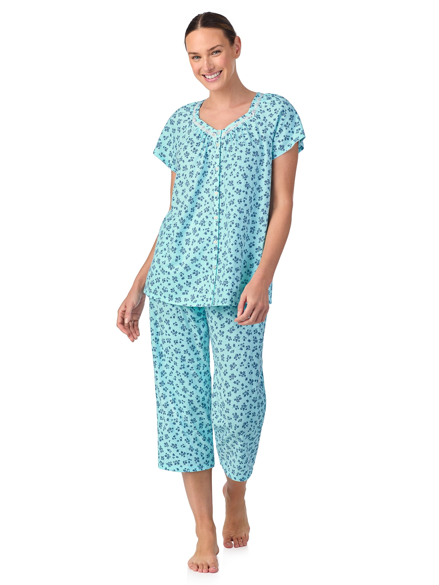 Aria Women's Short Sleeve 100% Cotton Cropped Pajama Set with Pockets, Sizes S-3X