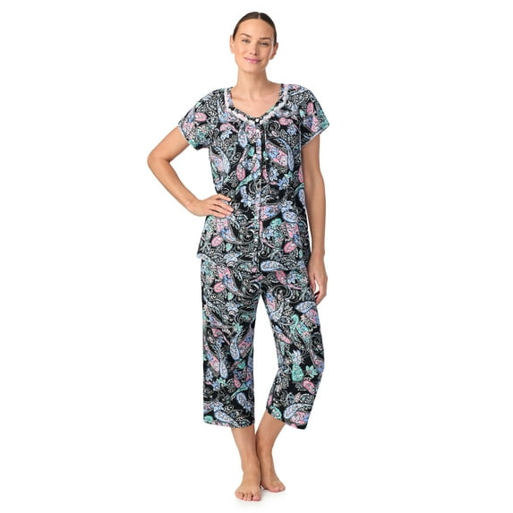 Aria Women's Short Sleeve 100% Cotton Cropped Pajama Set with Pockets, Sizes S-3X