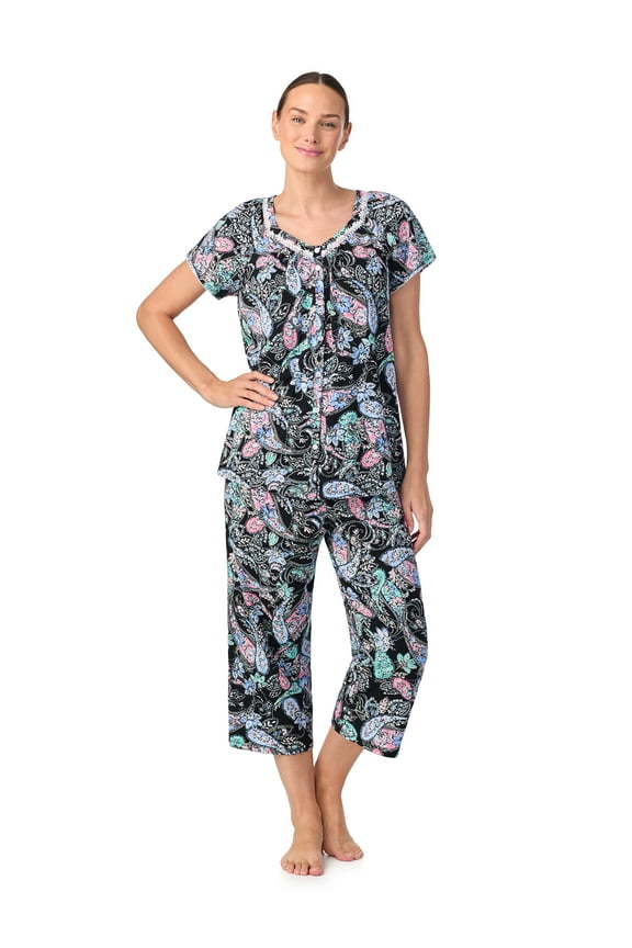 Women's Short Sleeve 100% Cotton Cropped Pajama Set with Pockets, Sizes S-3X