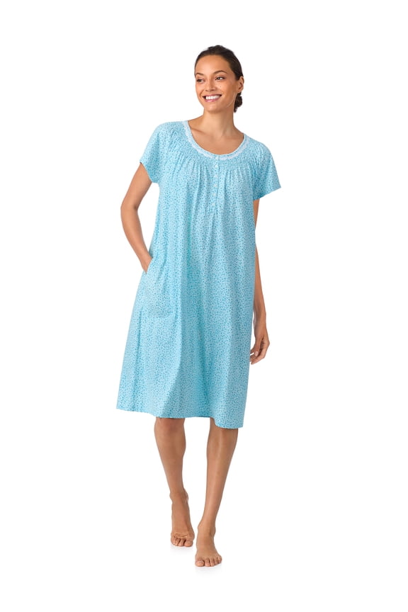 Women's 100% Cotton Raglan Sleeve Smocked Neck 40" Sleepwear Gown, Sizes XS-5X