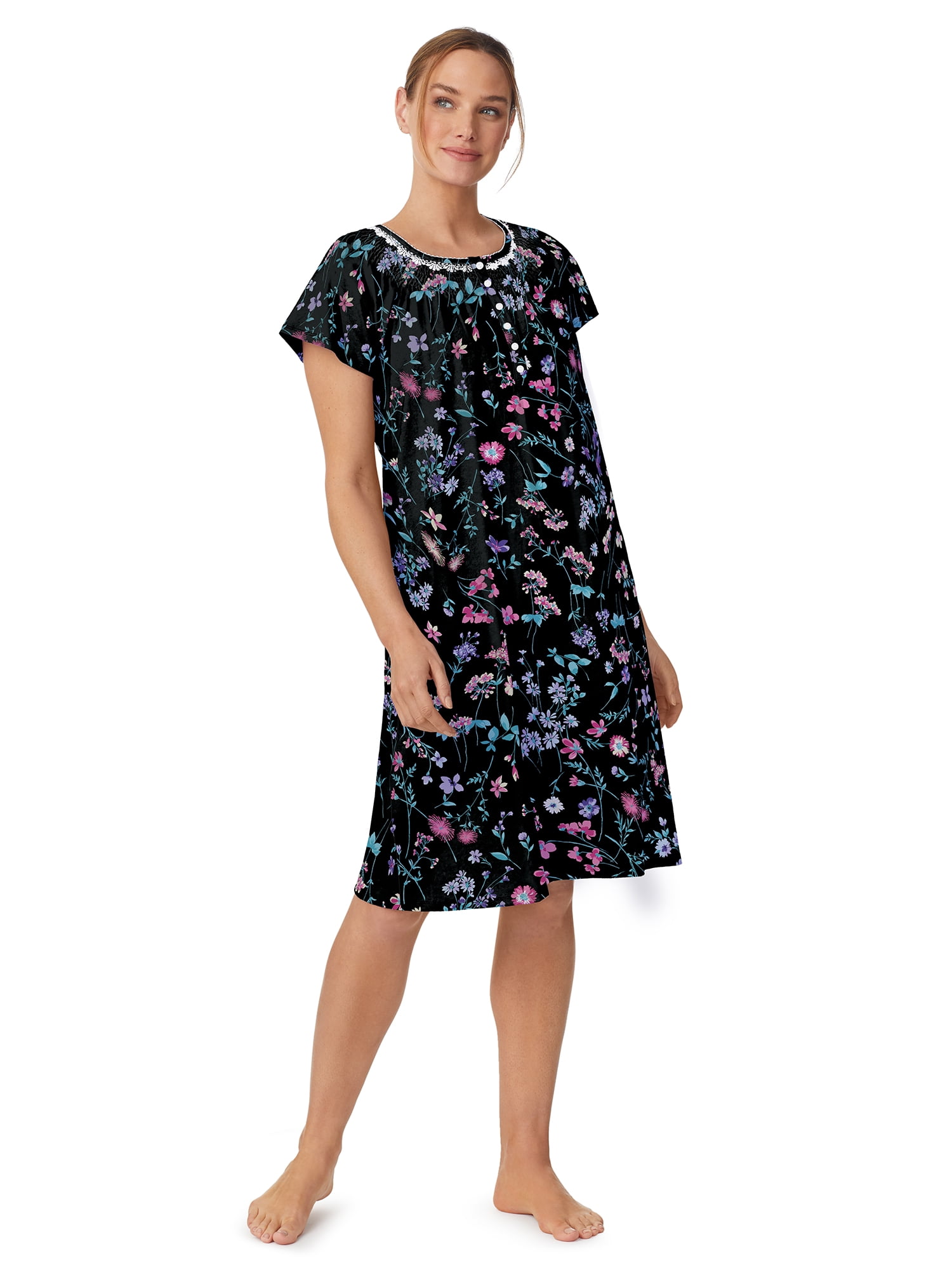 Aria Women's 100% Cotton Raglan Sleeve Smocked Neck 40" Sleepwear Gown, Sizes XS-5X