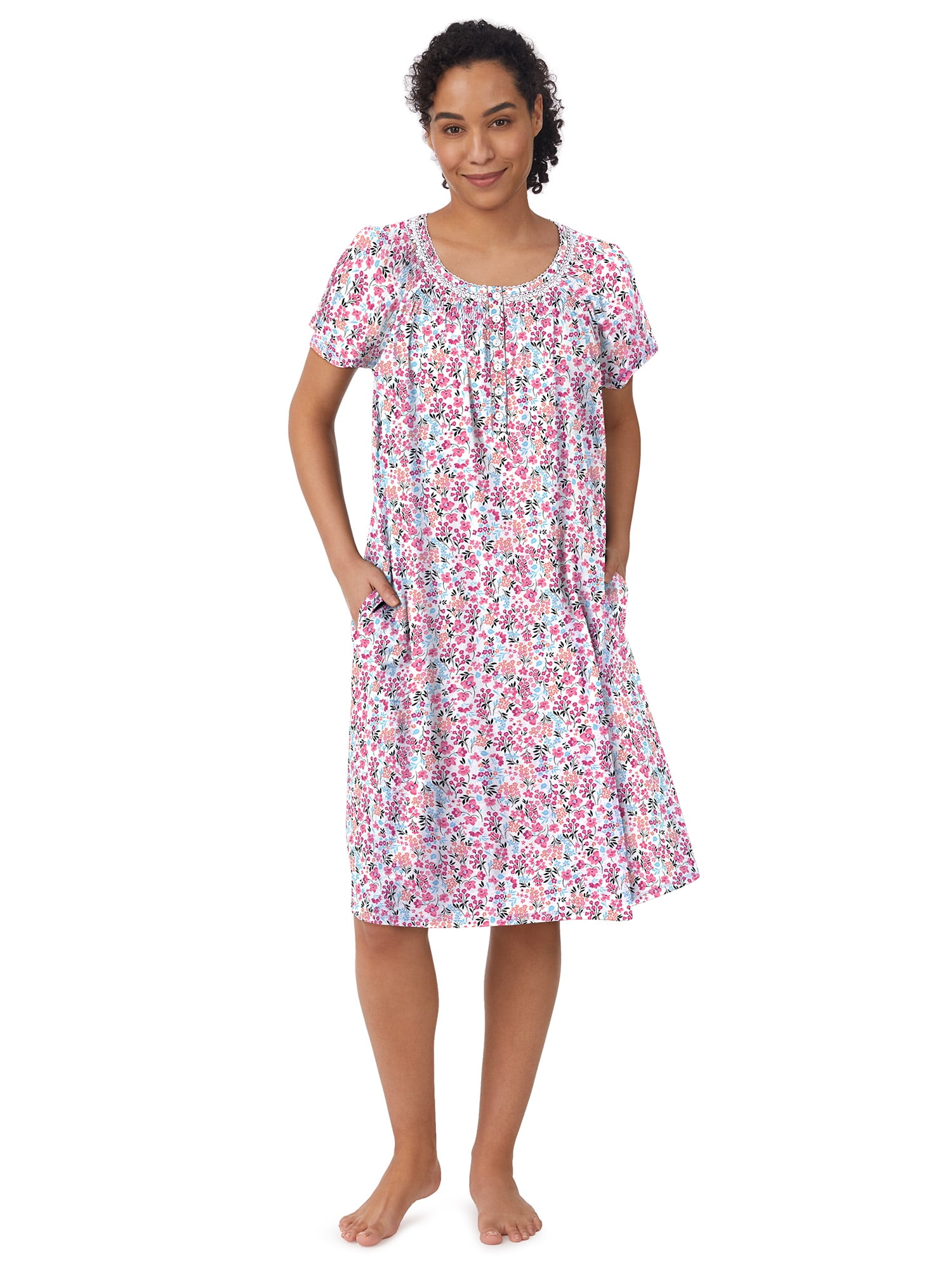 Aria Women's 100% Cotton Raglan Sleeve Smocked Neck 40" Sleepwear Gown, Sizes XS-5X