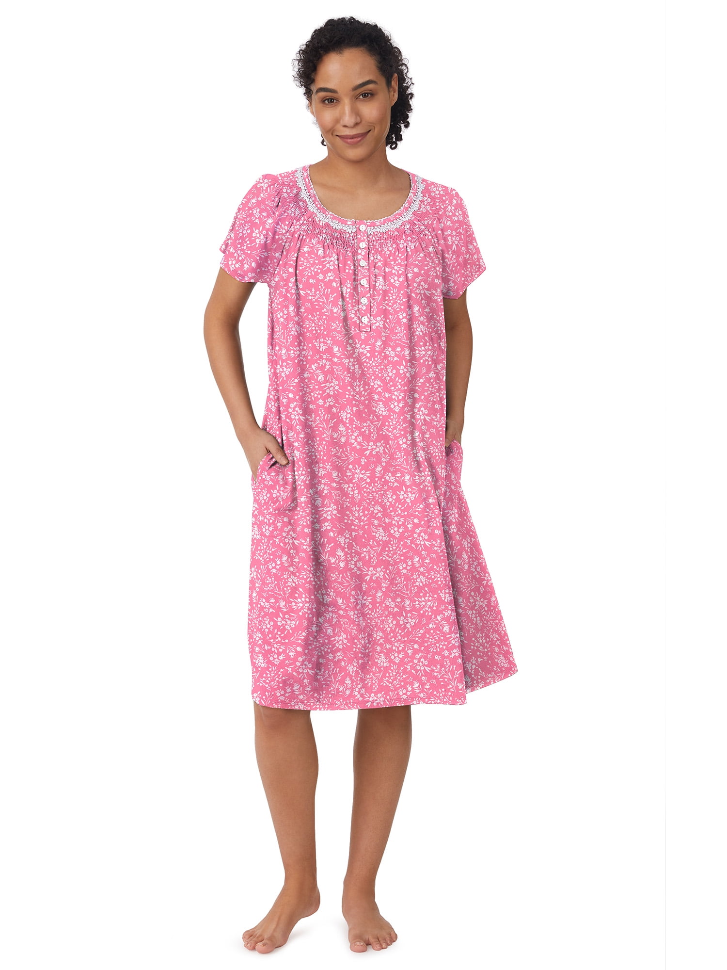 Aria Women's 100% Cotton Raglan Sleeve Smocked Neck 40" Sleepwear Gown, Sizes XS-5X