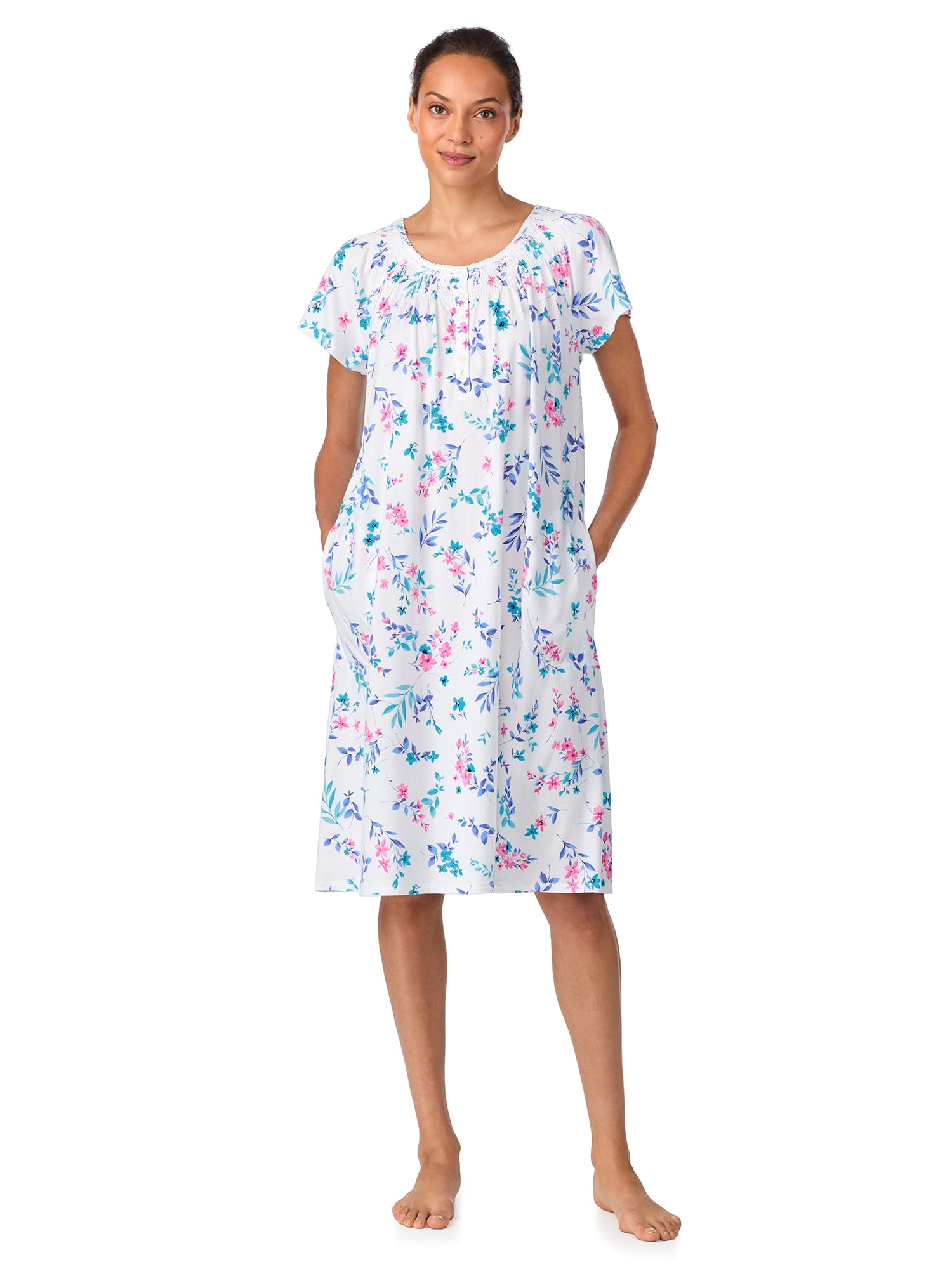 Aria Women's 100% Cotton Raglan Sleeve Smocked Neck 40" Sleepwear Gown, Sizes XS-5X