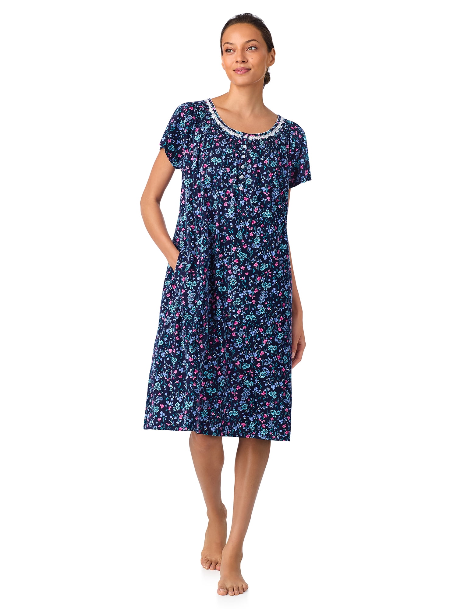 Aria Women's 100% Cotton Raglan Sleeve Smocked Neck 40" Sleepwear Gown, Sizes XS-5X
