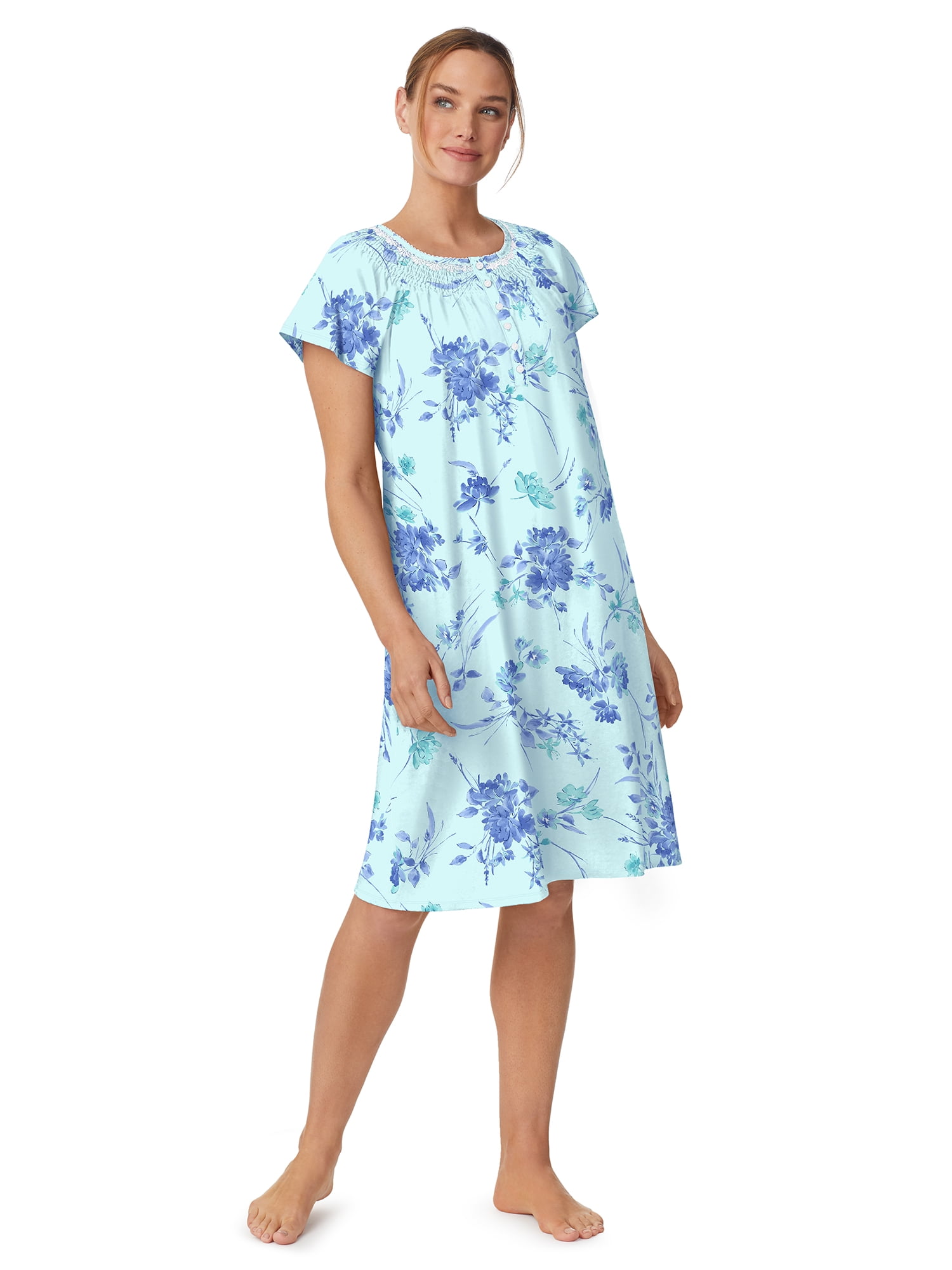 Aria Women's 100% Cotton Raglan Sleeve Smocked Neck 40" Sleepwear Gown, Sizes XS-5X