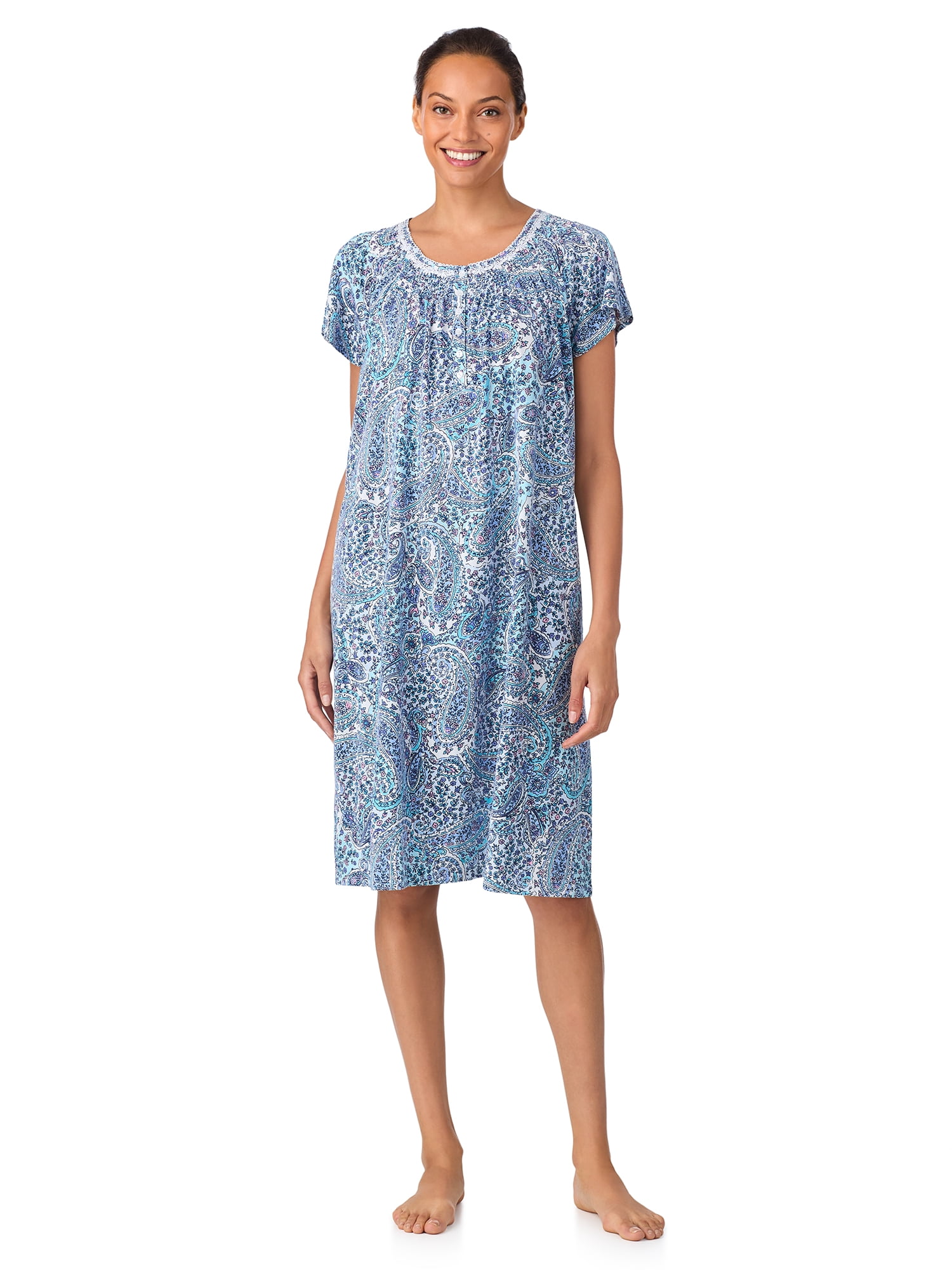 Aria Women's 100% Cotton Raglan Sleeve Smocked Neck 40" Sleepwear Gown, Sizes XS-5X