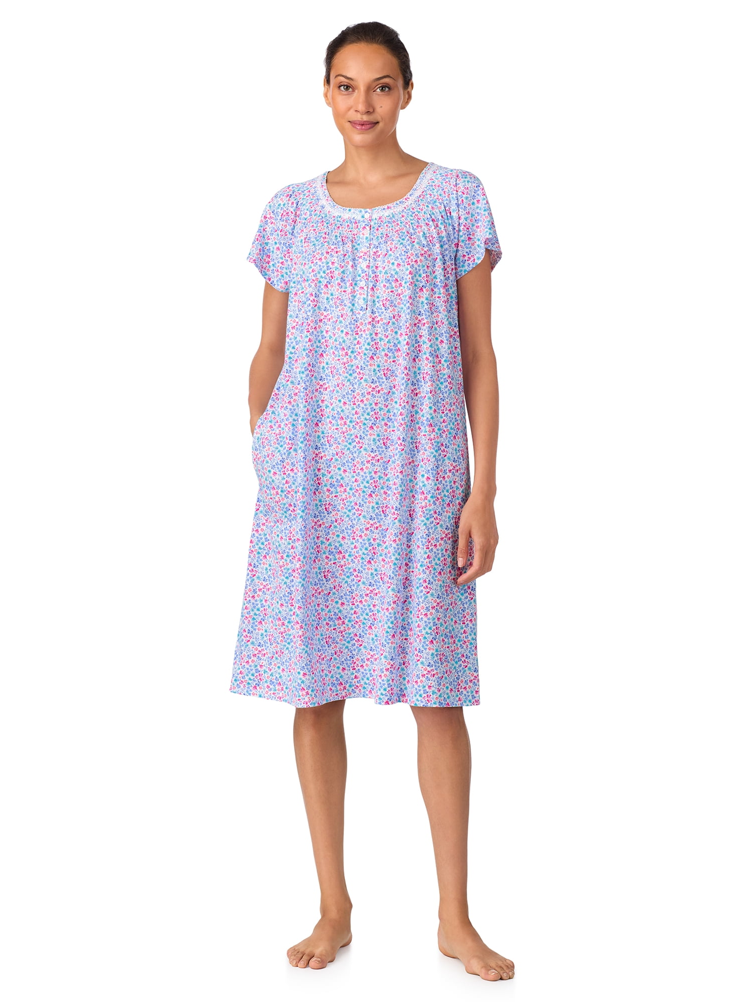 Aria Women's 100% Cotton Raglan Sleeve Smocked Neck 40" Sleepwear Gown, Sizes XS-5X