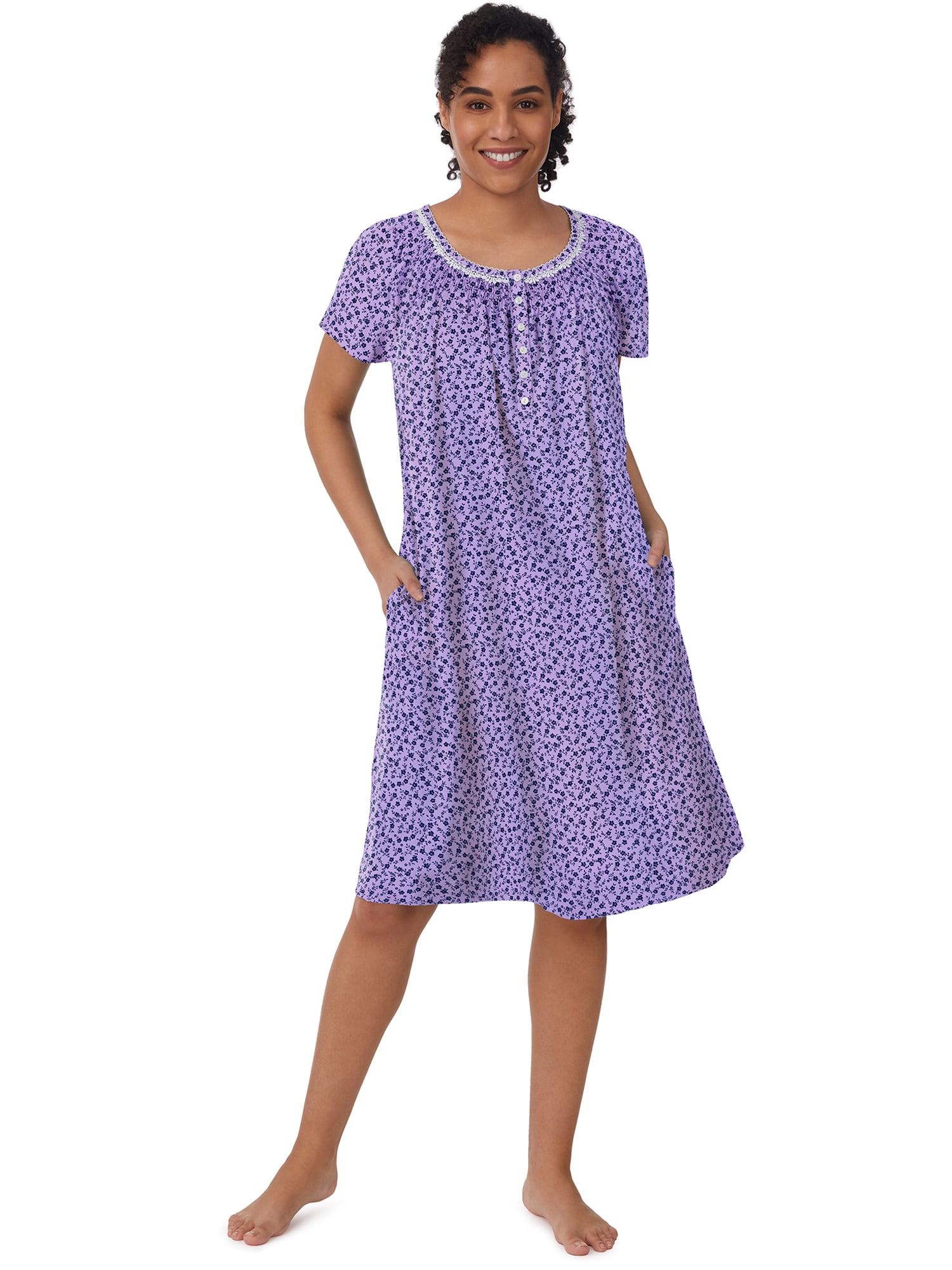 Aria Women's 100% Cotton Raglan Sleeve Smocked Neck 40" Sleepwear Gown, Sizes XS-5X