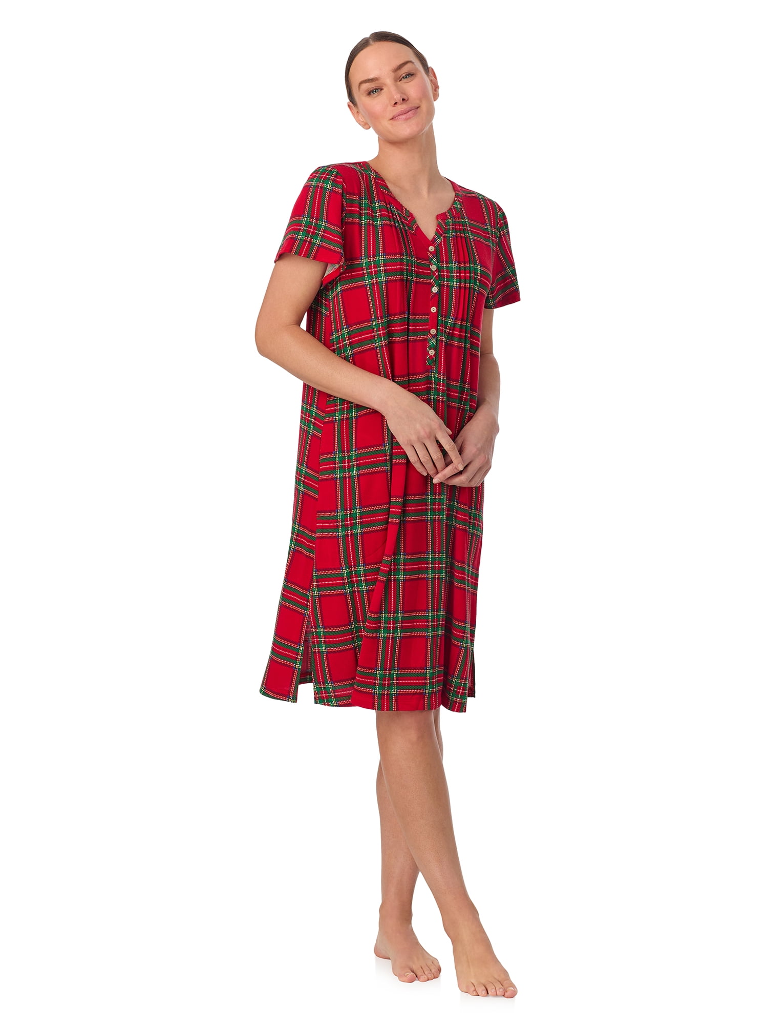 Aria Women’s Short Sleeve Split Neck Sweater Knit Nightgown, Sizes XS-5X