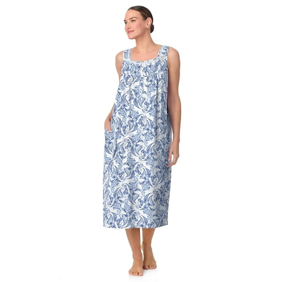 Aria Women's Sleeveless Long 100% Cotton Nightgown in 46", Sizes XS to 5X