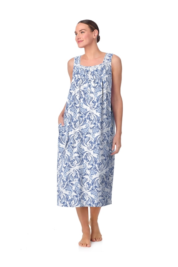 Women's Sleeveless Long 100% Cotton Nightgown in 46", Sizes XS to 5X